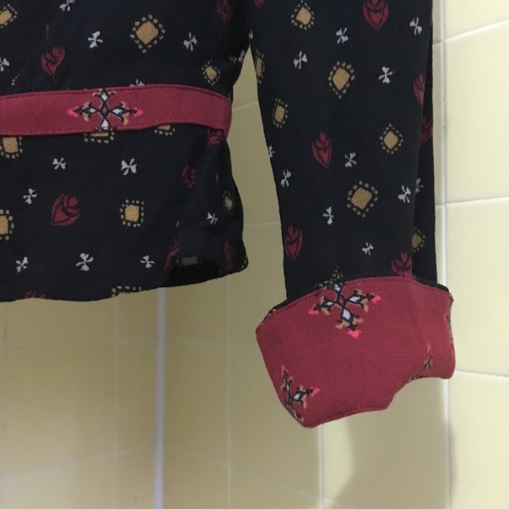 free people black & red faux wrap blouse fitted waist  sz. s - Picture 11 of 14